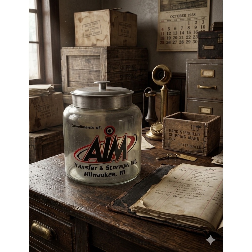AIM Transfer & Storage Milwaukee WI Glass Canister Jar with Metal Lid Vintage